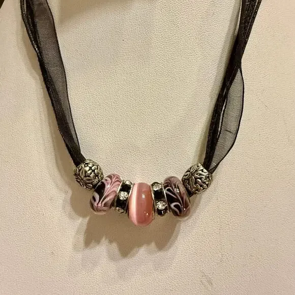 Pink & Black Glass & Metal Beaded Charm Ribbon Necklace - Picture 4 of 5
